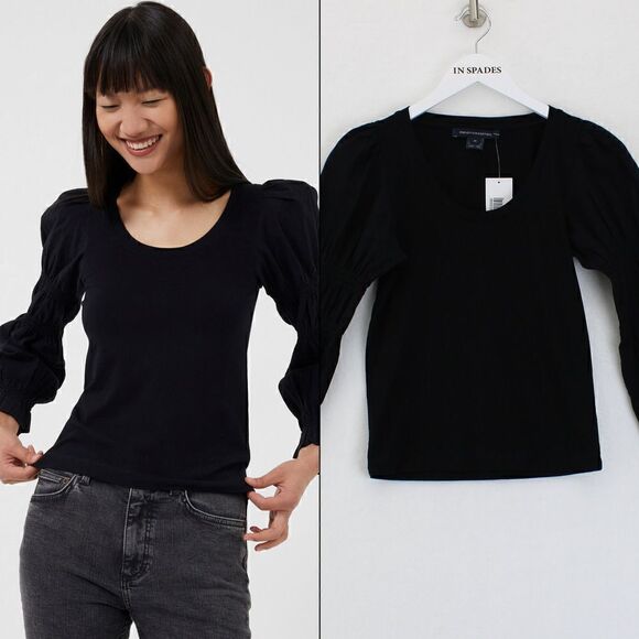 French Connection Tim Tim Mixed Media Stretch Cotton Blouse in Black - Picture 1 of 3